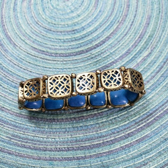 Fossil Stretch Square Blue Beaded Link Bracelet Dark Gold Hardware 7" - Picture 6 of 8